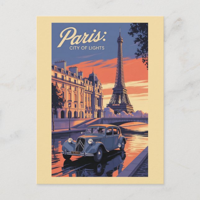 Paris France Eiffel Tower Vintage Car Sunset Postcard (Front)