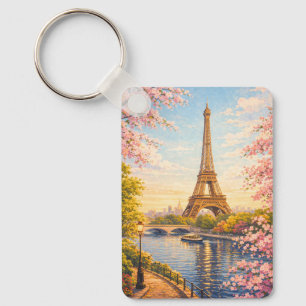 Paris France Eiffel Tower Vintage Cherry Blossoms Keychain