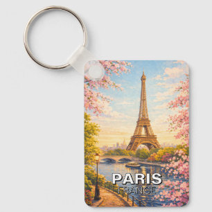 Paris France Eiffel Tower Vintage Cherry Blossoms Keychain