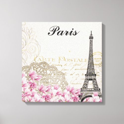 Paris France Eiffel Tower Vintage Pink Flowers Canvas Print