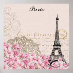 Paris France Eiffel Tower Vintage Pink Flowers Poster