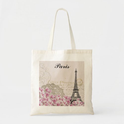 Paris France Eiffel Tower Vintage Pink Flowers Tote Bag