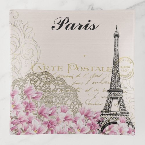 Paris France Eiffel Tower Vintage Pink Flowers Trinket Tray