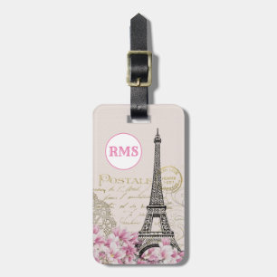 Paris France Eiffel Tower Vintage Pink Monogram Luggage Tag