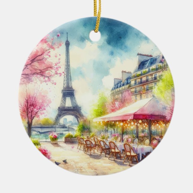 Paris France Eiffel Tower Watercolor Christmas Ceramic Ornament (Front)