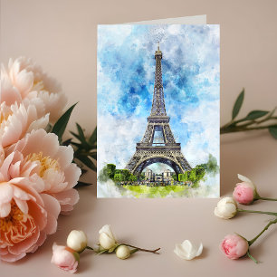 Paris France Eiffel Tower Watercolor Letterpress Thank You Card