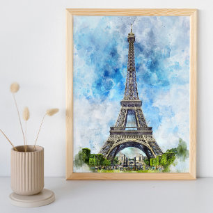 Paris France Eiffel Tower Watercolor Photo Print