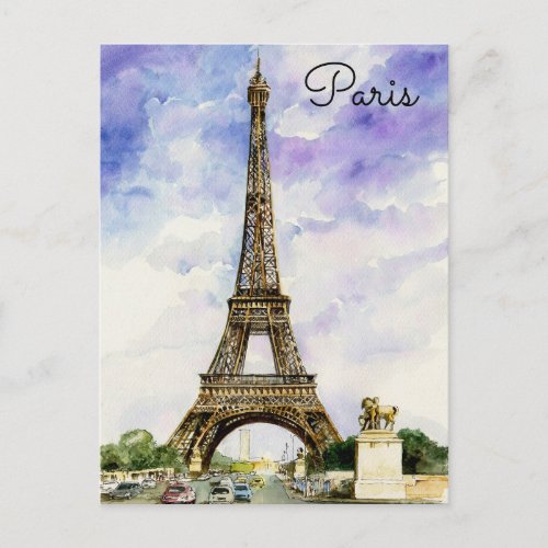 Paris France Eiffel Tower  watercolor postcard