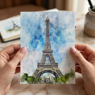Paris France Eiffel Tower Watercolor Postcard