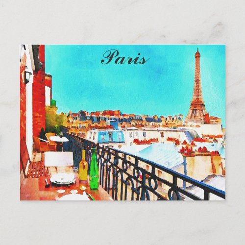 Paris France Eiffel Tower Watercolor Postcard