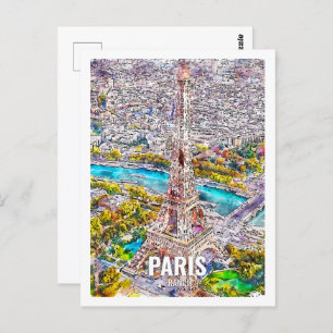 Paris France Famous Travel Place Watercolor Postcard