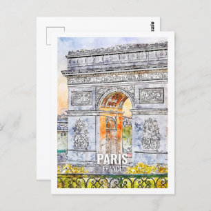 Paris France Famous Travel Place Watercolor Postcard