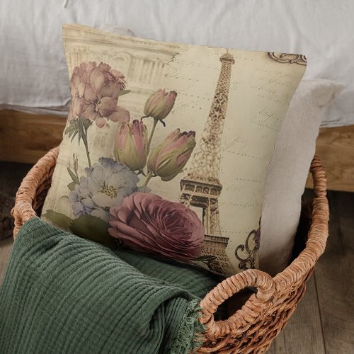 Paris France French Eiffel Tower Floral Collage Throw Pillow