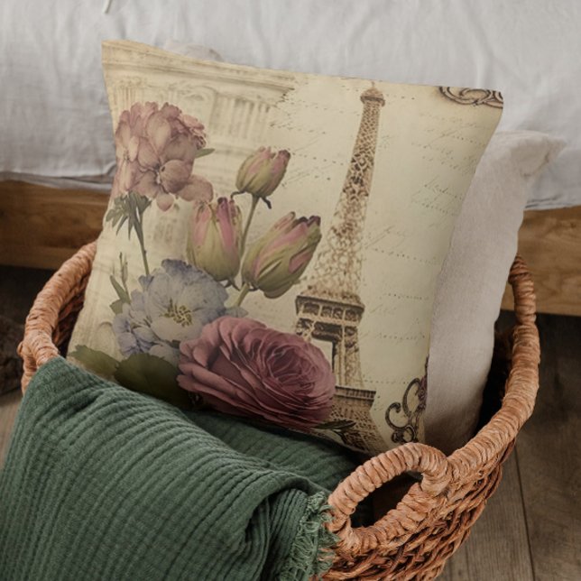 Paris France French Eiffel Tower Floral Collage Throw Pillow (Creator Uploaded)