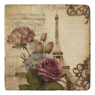 Paris France French Eiffel Tower Floral Collage Trivet
