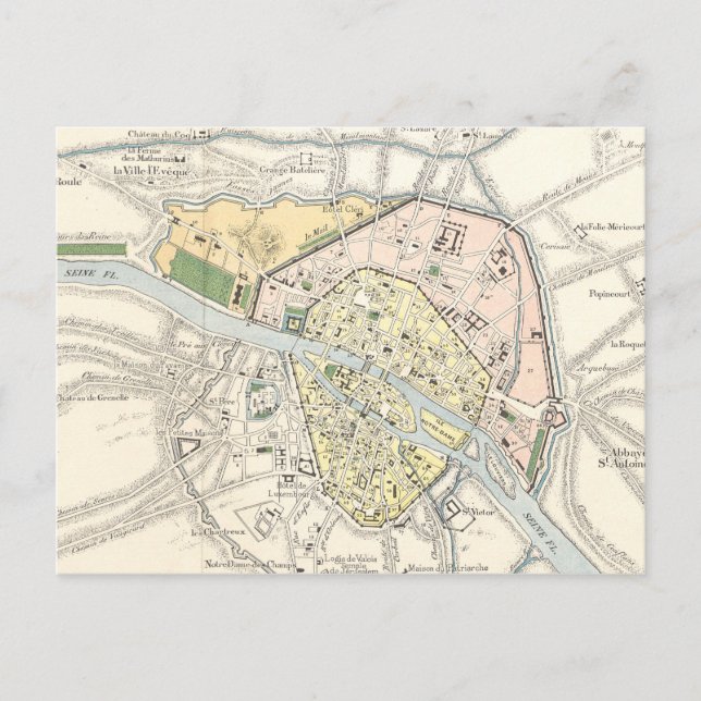 Paris, France: Historical, Vintage Map Postcard (Front)