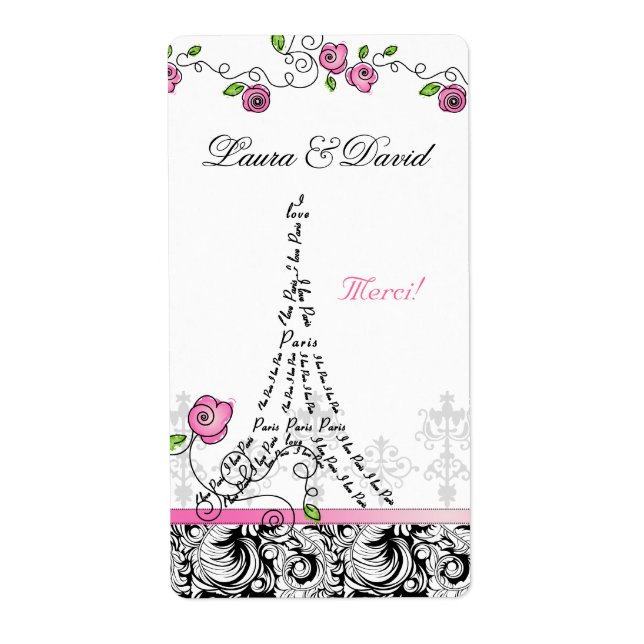 Paris France Merci Label Eiffel Tower Pink Roses (Front)