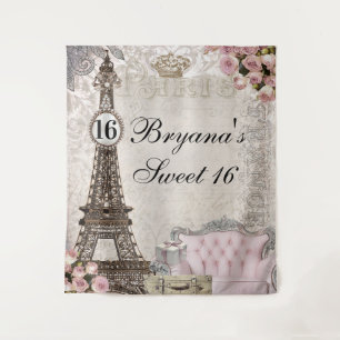 Paris France Pink Roses Sweet 16 Party Backdrop