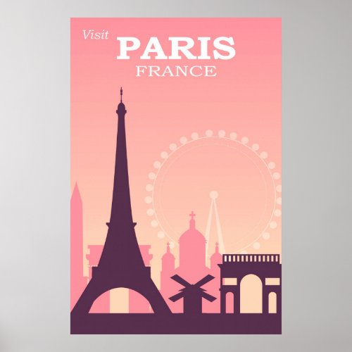 Paris France Pink Vintage Travel Poster