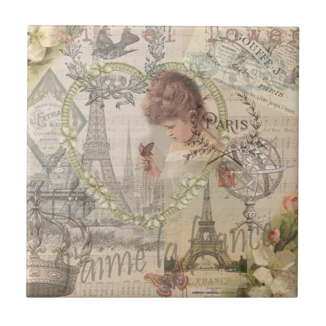Paris France Pretty Girl Eiffel Ceramic Tile (Front)