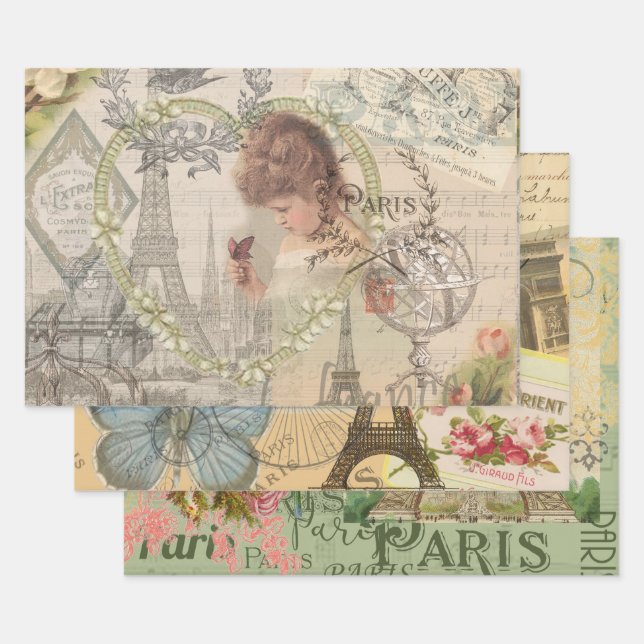 Paris France Pretty Girl Eiffel Wrapping Paper Sheets (Set)
