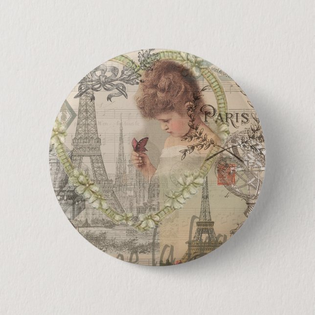 Paris France Pretty Girl Soft Eiffel Button (Front)