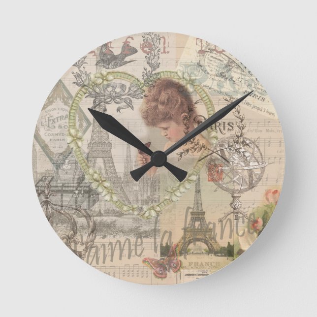 Paris France Pretty Girl Soft Eiffel Round Clock (Front)