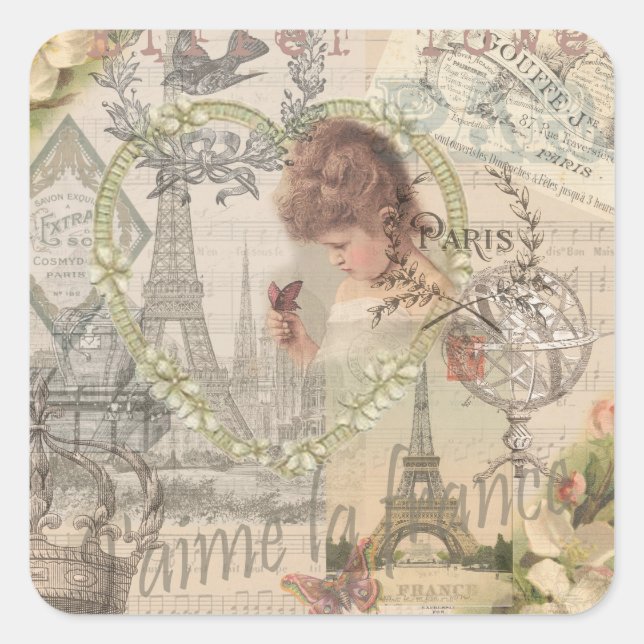 Paris France Pretty Girl Soft Eiffel Square Sticker (Front)