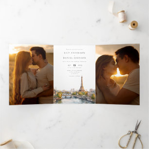 Paris France QR Code 3 Photo Wedding Tri-Fold Invitation