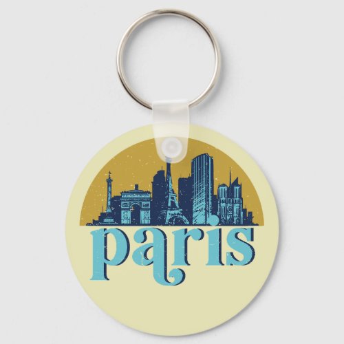 Paris France Retro City Skyline Cityscape Art Keychain
