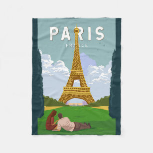 Paris France Retro Travel Art Vintage Fleece Blanket