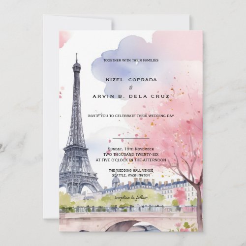 Paris France Romantic Watercolor Pink Eiffel Tower Invitation