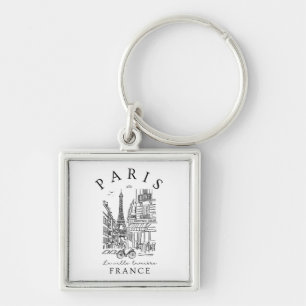 Paris France –  Sketch with Eiffel Tower & Café Keychain