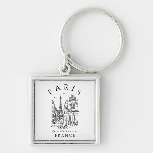 Paris France –  Sketch with Eiffel Tower & Café Keychain (Front)