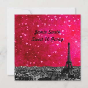 Paris France Skyline #1 Hot Pink Red Sweet 16 SQ Invitation