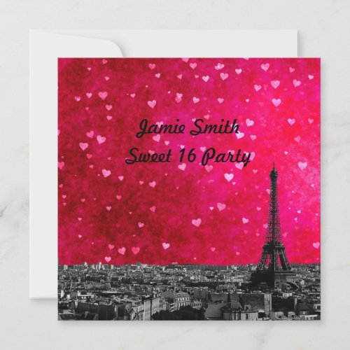 Paris France Skyline 1 Hot Pink Red Sweet 16 SQ Invitation