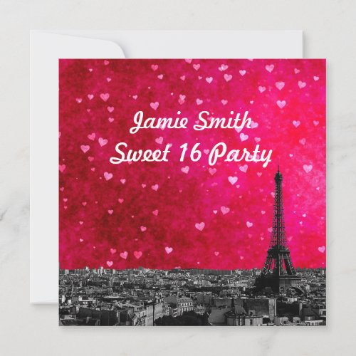Paris France Skyline 1 Hot Pink Red Sweet 16 SQ Invitation