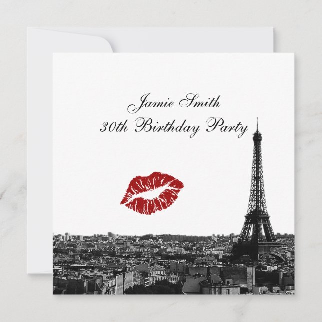 Paris France Skyline Kiss #1 BW Birthday Invitation (Front)