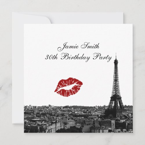 Paris France Skyline Kiss #1 BW Birthday Invitations
