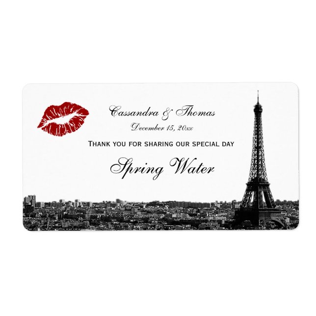 Paris France Skyline Kiss #1 BW H TY Water Bottle Label (Front)