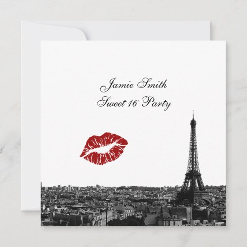 Paris France Skyline Kiss #1 BW Sweet 16 V Invitation