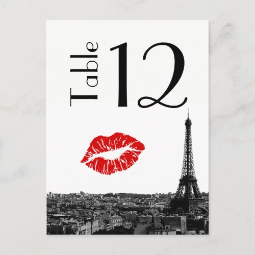 Paris France Skyline Kiss 1 BW Table Number Card