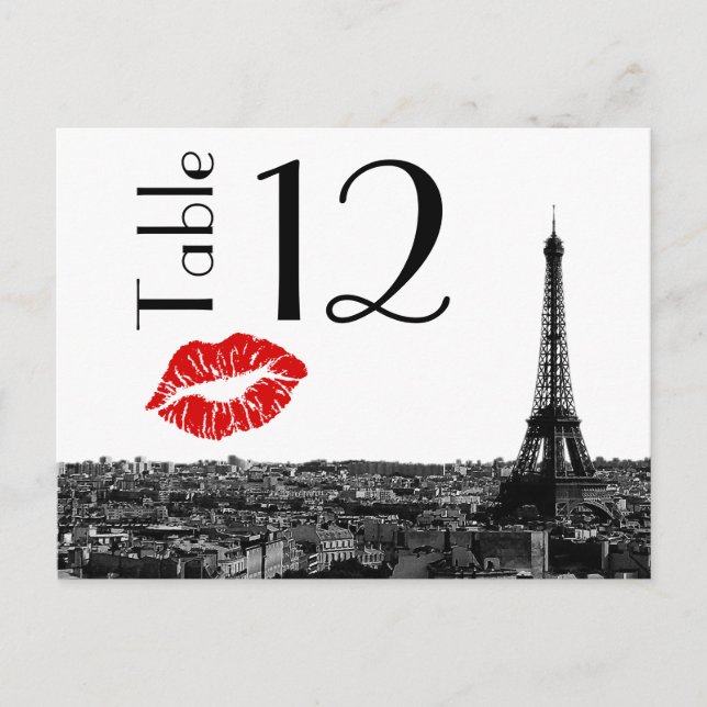 Paris France Skyline Kiss #1 BW Table Number Card (Front)