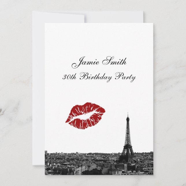 Paris France Skyline Kiss #1 BW V Birthday Invitation (Front)