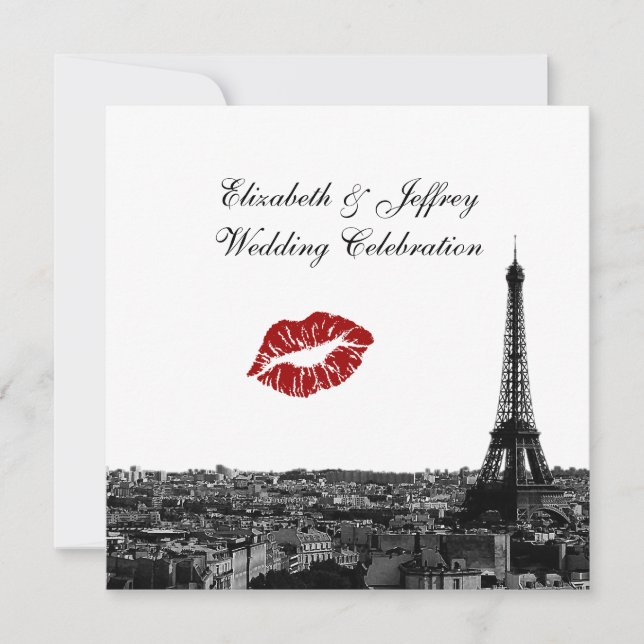Paris France Skyline Kiss #1 BW Wedding Invitation (Front)