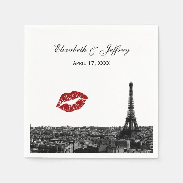 Paris France Skyline Kiss #1 BW Wedding Paper Napkins (Front)