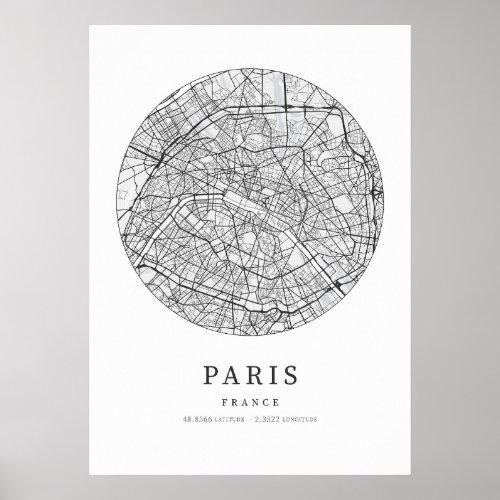 Paris France Street Layout Map Poster