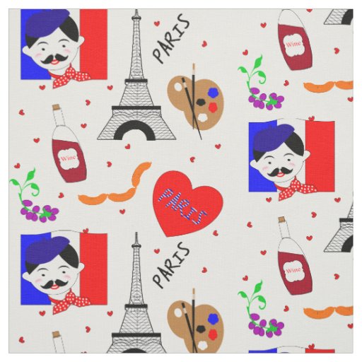 Paris France Themed Cute Fun Red White Blue Design Fabric