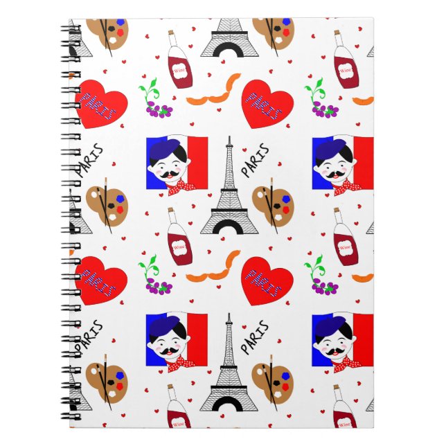 Paris France Themed Cute Fun Red White Blue Design Notebook (Front)
