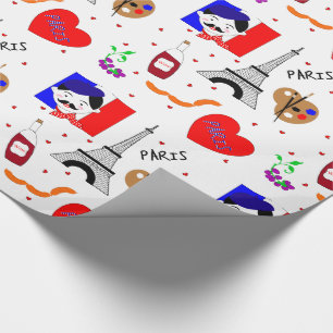 Paris France Themed Cute Fun Red White Blue Design Wrapping Paper